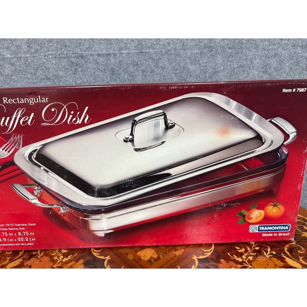 NEW Tramontina 13”x9” Covered Buffet Server Stainless Steel Glass Baking Dish